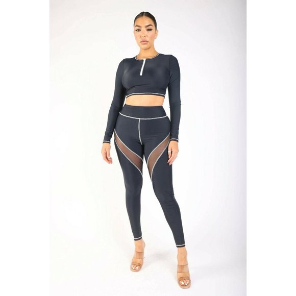 Mesh Contrast Long Sleeve Crop Top with Pants Leggings Outfit 2 Piece Set - Picture 7 of 7